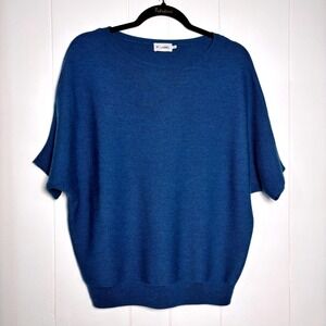 R Label Blue 100% Wool Dolman Sleeve Sweater Sz S/M Quiet Luxury Minimalist